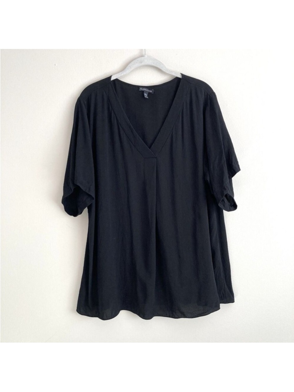 Eileen Fisher Black 100% Silk V-Neck Boxy Top Blouse Size S